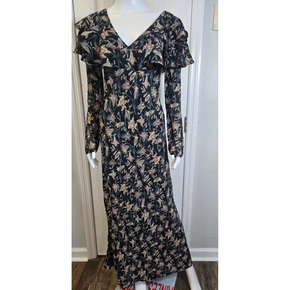 DOEN‎ Whistler Dress Black Lilium Floral Ruffle Maxi V-Neck XS NWT